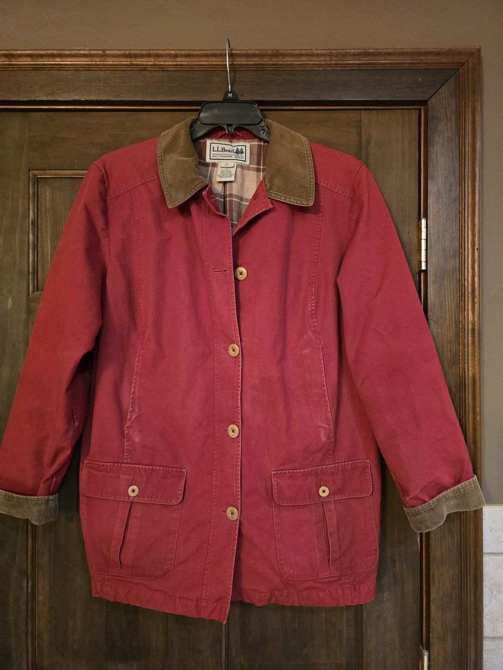 O L.L. Bean Red Canvas Barn Jacket with Corduroy Collar And Flannel Lining XL